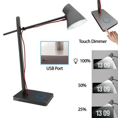 LED Schreibtischlampe dimmbar grau mit USB Anschluss Tischlampe