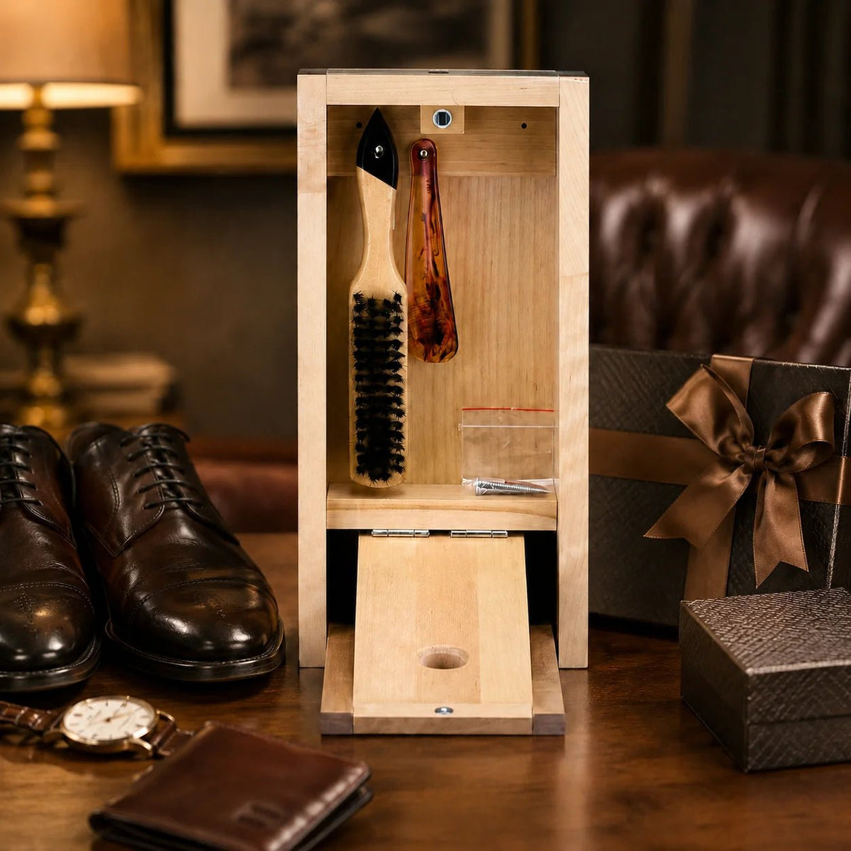 Hochwertiges Schuhputzset aus Holz mit Bürste und Schuhlöffel, stilvoll präsentiert als Geschenk für Männer.