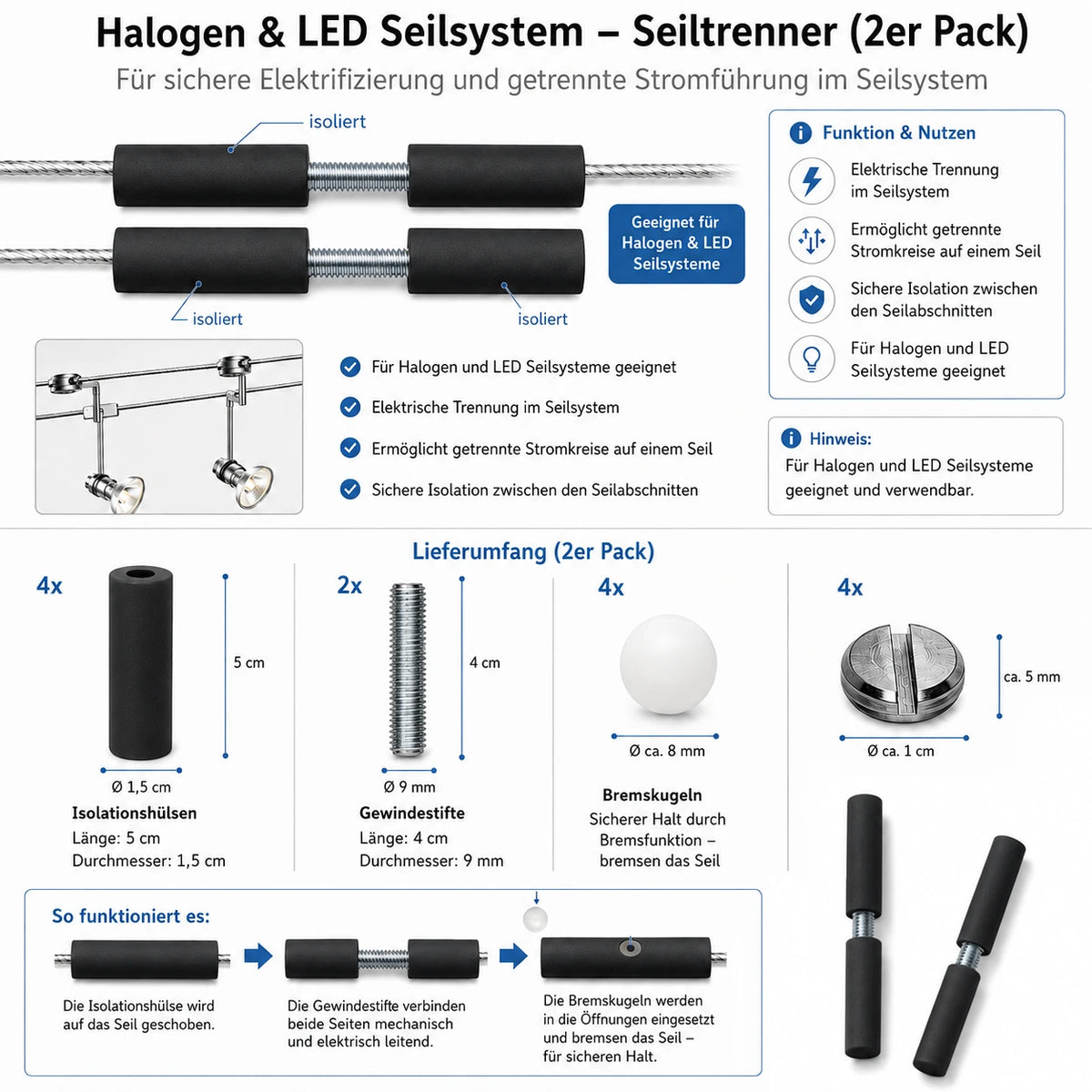 Schwarzer Paulmann Seilisolator 978.09 zur elektrischen Trennung von Seilabschnitten im Niedervolt-Seilsystem