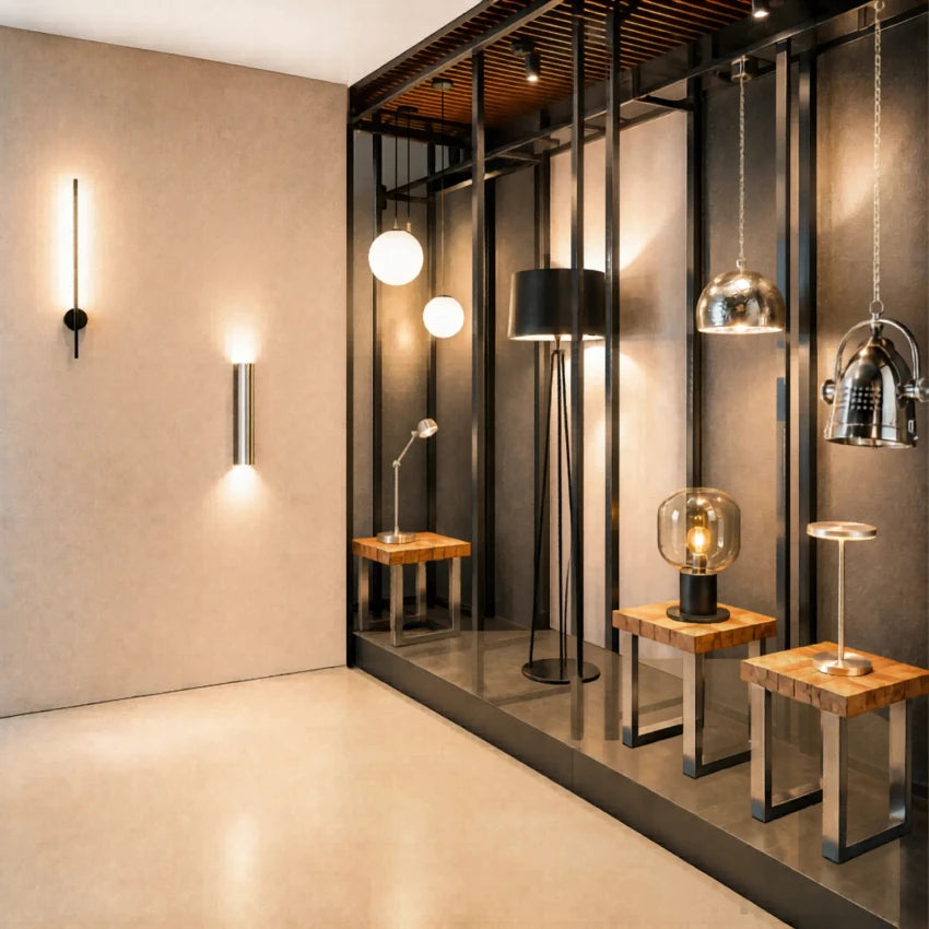 Hochwertiger Leuchten-Showroom mit modernen Pendelleuchten, Wandleuchten, Stehleuchten und Tischlampen in stilvoller Ausstellung.
