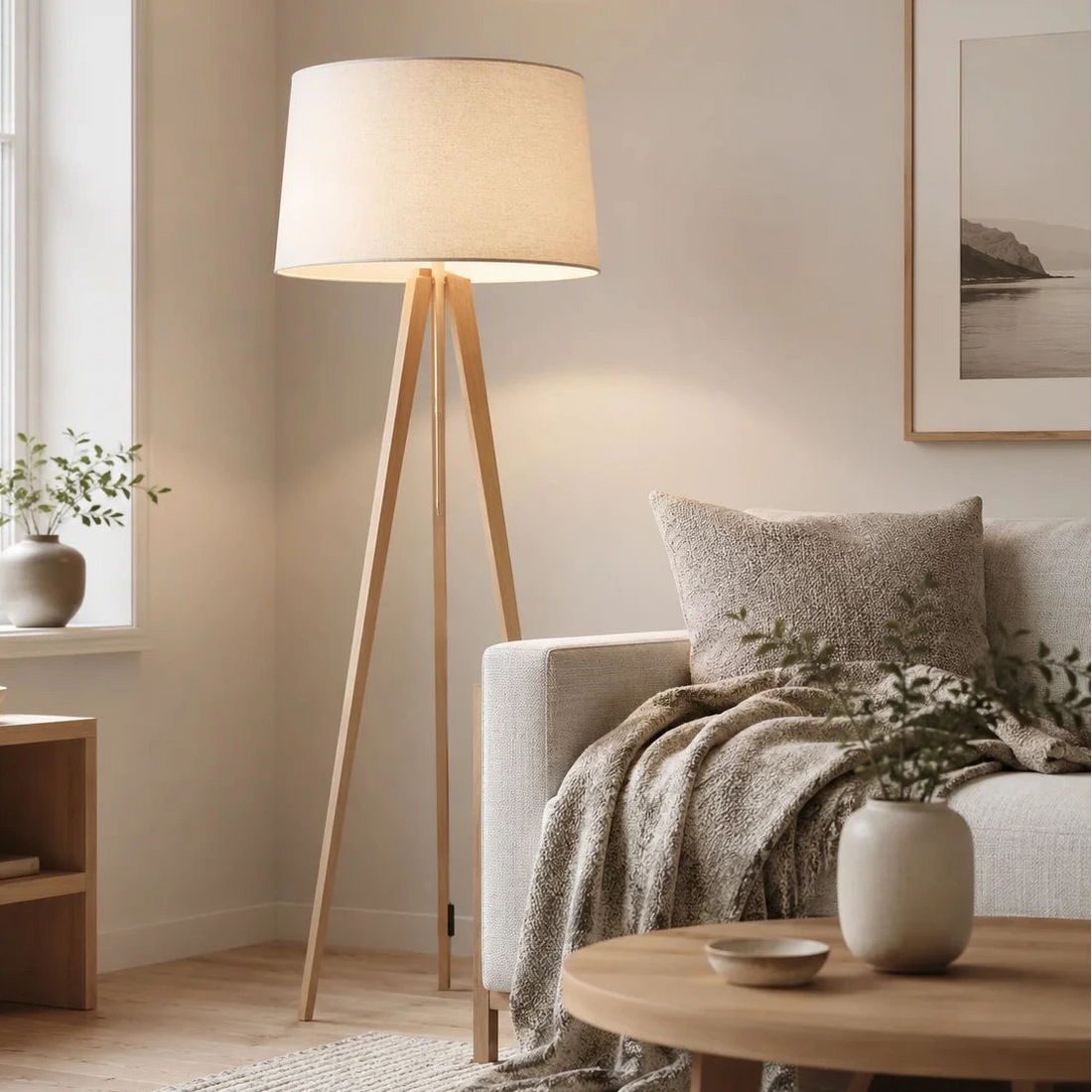 Skandinavische Stehlampe aus hellem Holz mit beigem Schirm, natürliche Beleuchtung für minimalistisches Wohnzimmer