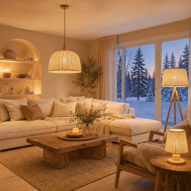 Skandinavisches Wohnzimmer mit Rattan-Pendelleuchte, Steh- und Tischlampe in warmer Lichtstimmung vor verschneiter Landschaft.