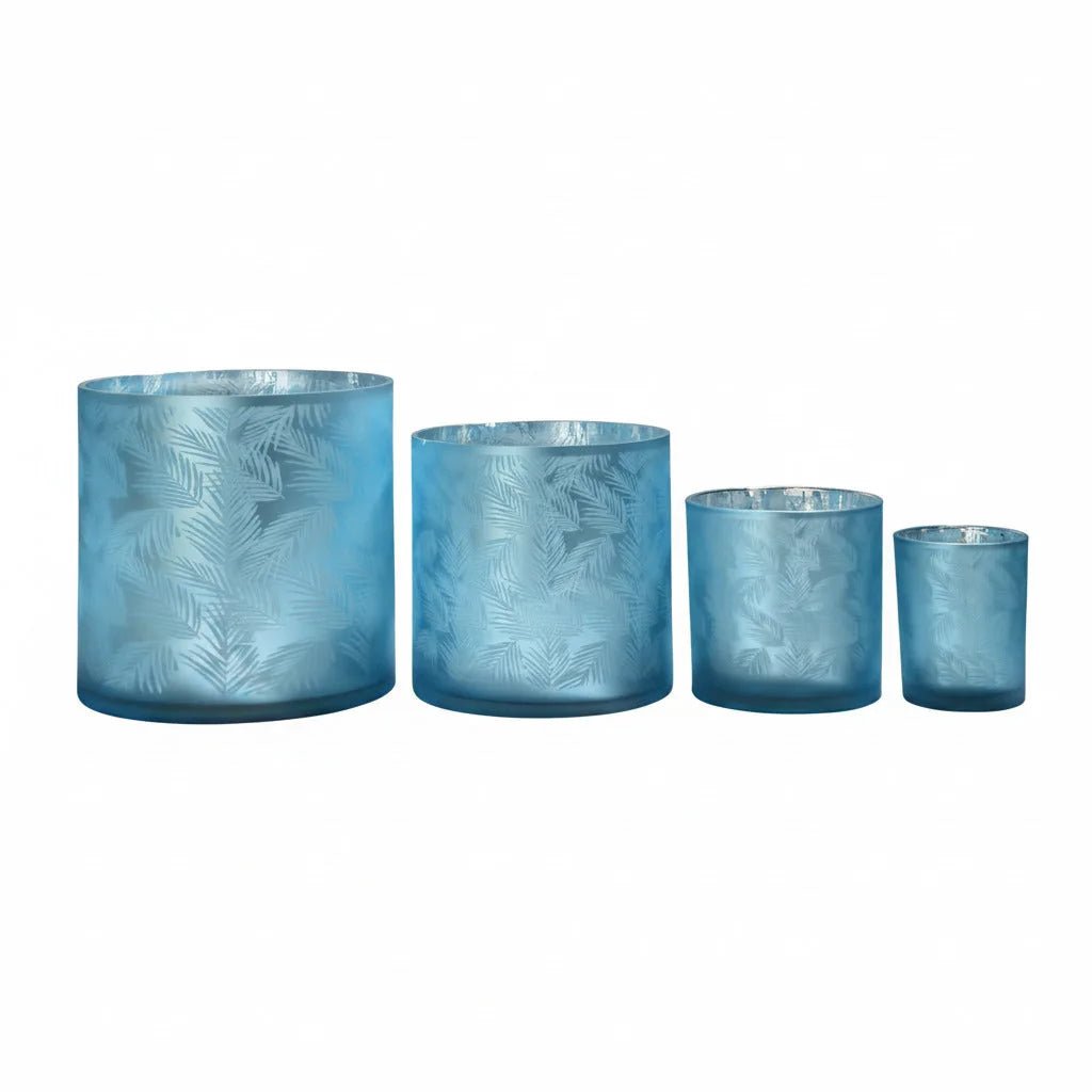 Windlicht Vase blau silber aus Glas mit Blattmuster 24,5cm