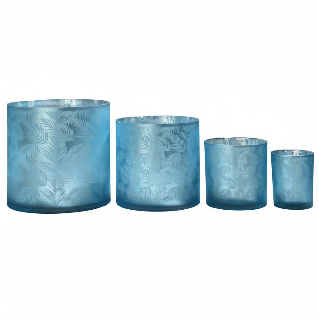 Windlicht Vase aus Glas blau silber mit Blattmuster 10cm