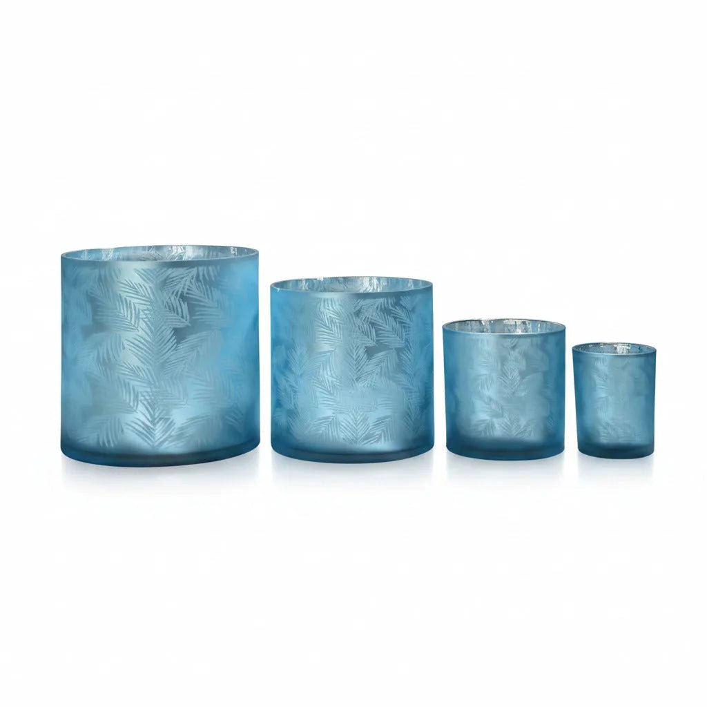 Windlicht Vase aus Glas blau silber mit Blattmuster 15cm