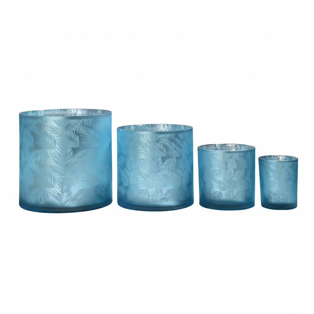 Windlicht Vase aus Glas blau silber mit Blattmuster 20cm
