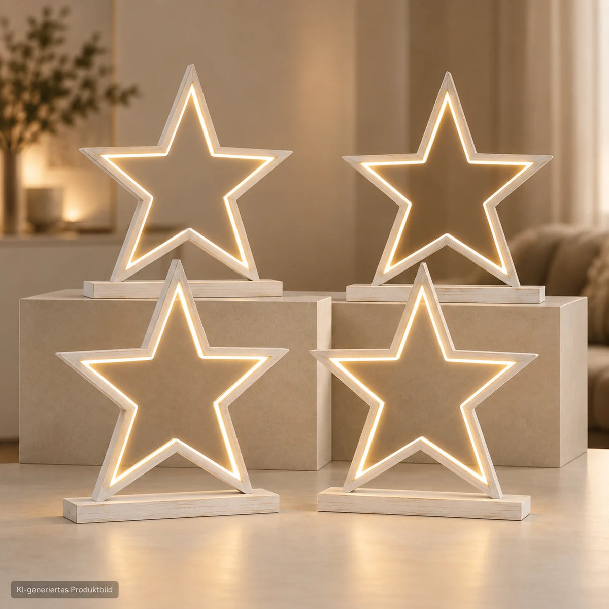 Vier Sompex Lucy LED Weihnachtssterne aus weißem Holz als dekoratives 4er Set, KI-generiertes Anwendungsbeispiel