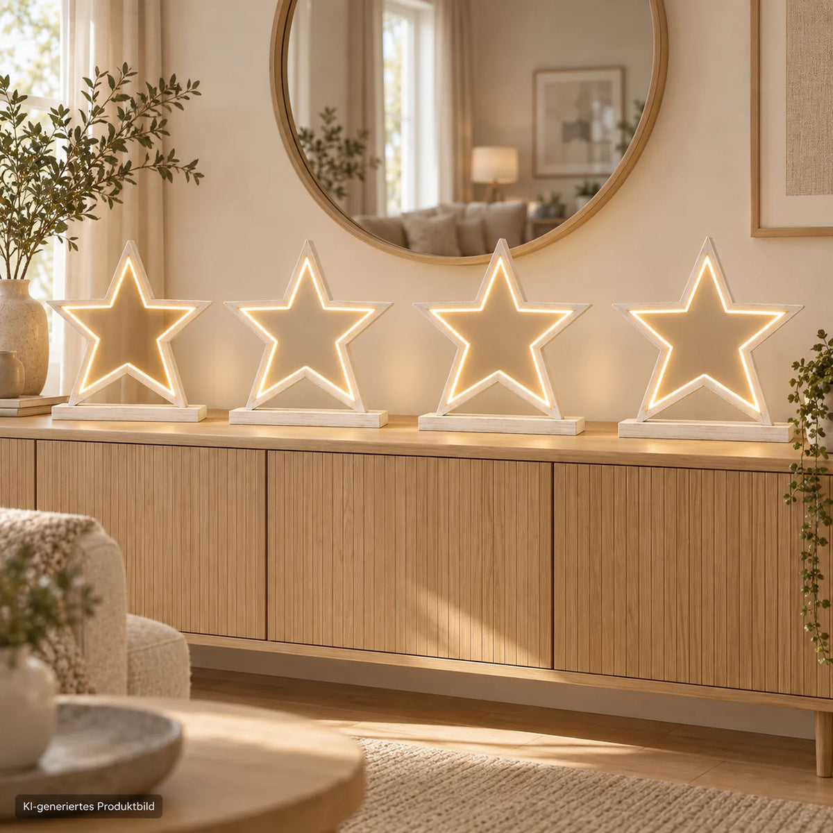 4er Set LED Sterne Sompex Lucy 53 cm auf Sideboard mit warmweißem Licht, KI-generiertes Anwendungsbeispiel