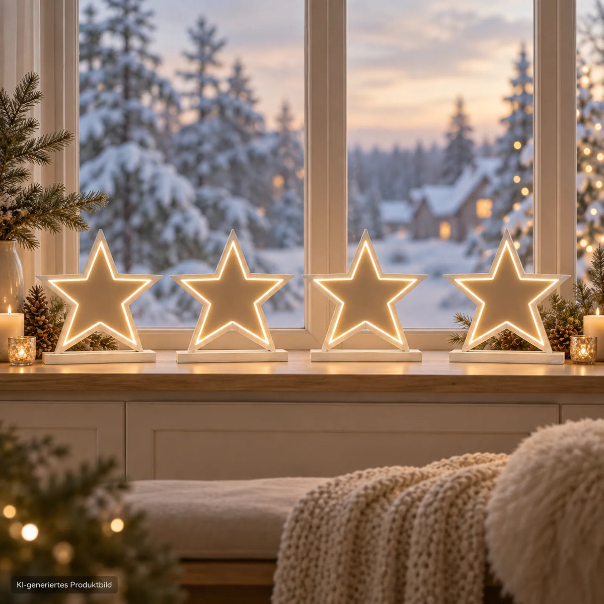 Vier beleuchtete Sompex Lucy Weihnachtssterne auf Fensterbank, KI-generiertes Anwendungsbeispiel
