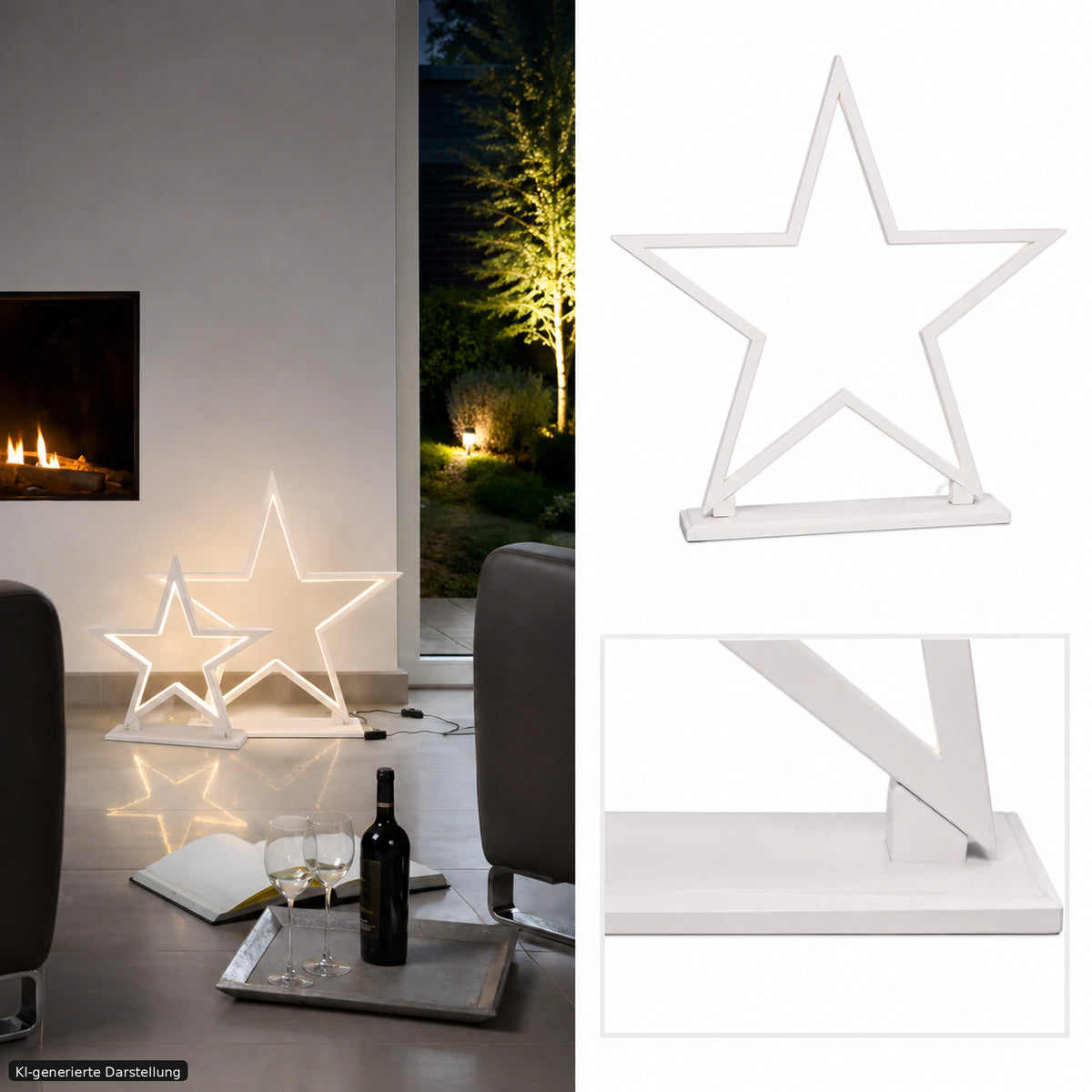 holz stern lucy wood sompex aus weißen bambus holz mit warmweißes led streifen auf innenseite des holzsterns in wohnzimmer