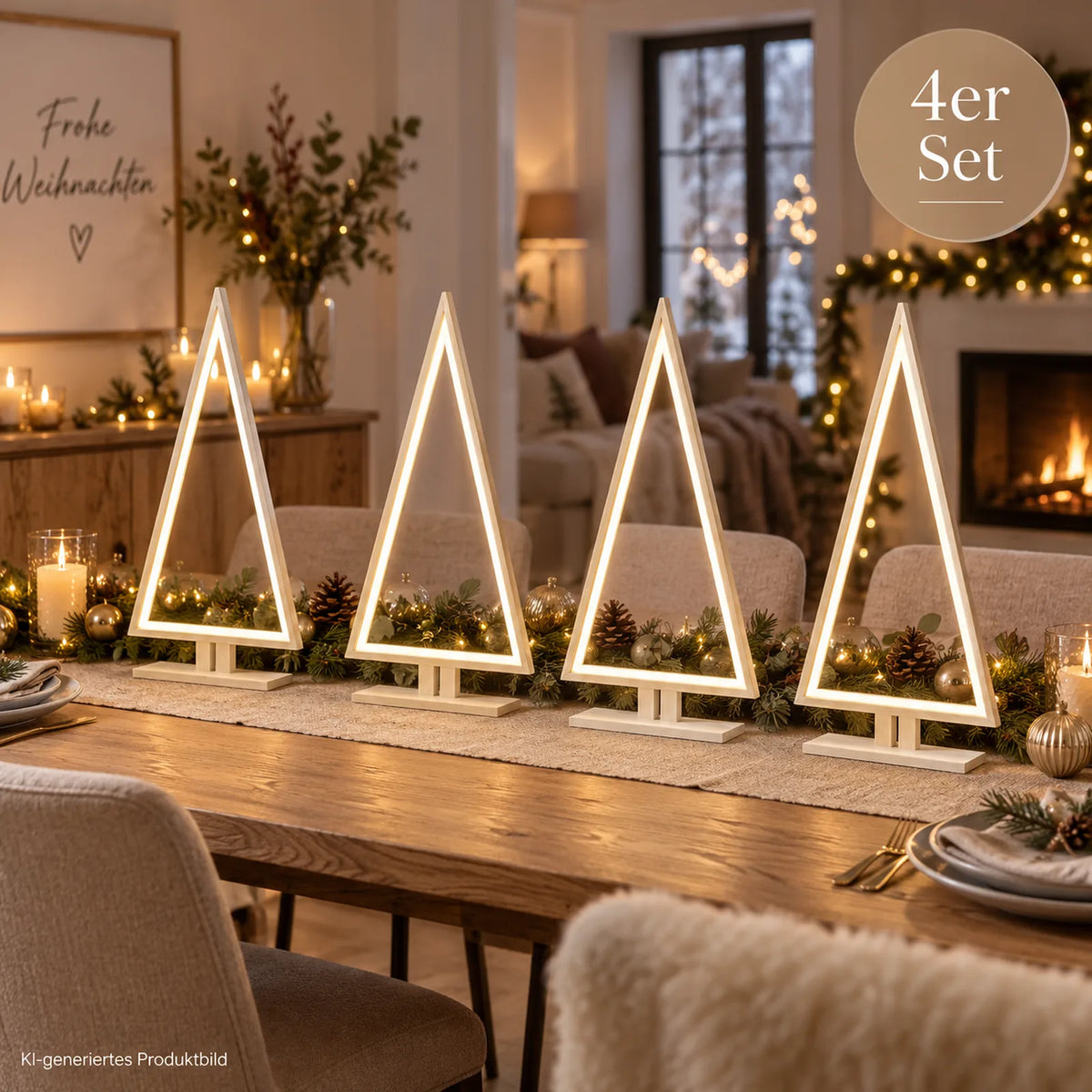 Vier Sompex Pine Wood LED Tannenbäume als Weihnachtsdekoration im Essbereich, KI-generiertes Anwendungsbeispiel