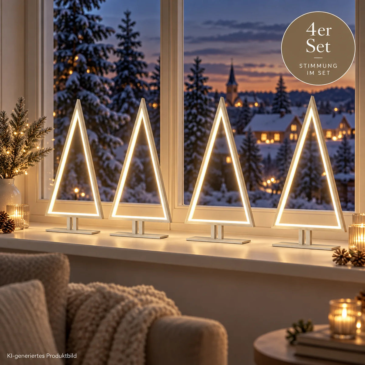 4er Set LED Tannenbäume 65 cm als beleuchtete Weihnachtsdeko auf Fensterbank, KI-generiertes Anwendungsbeispiel