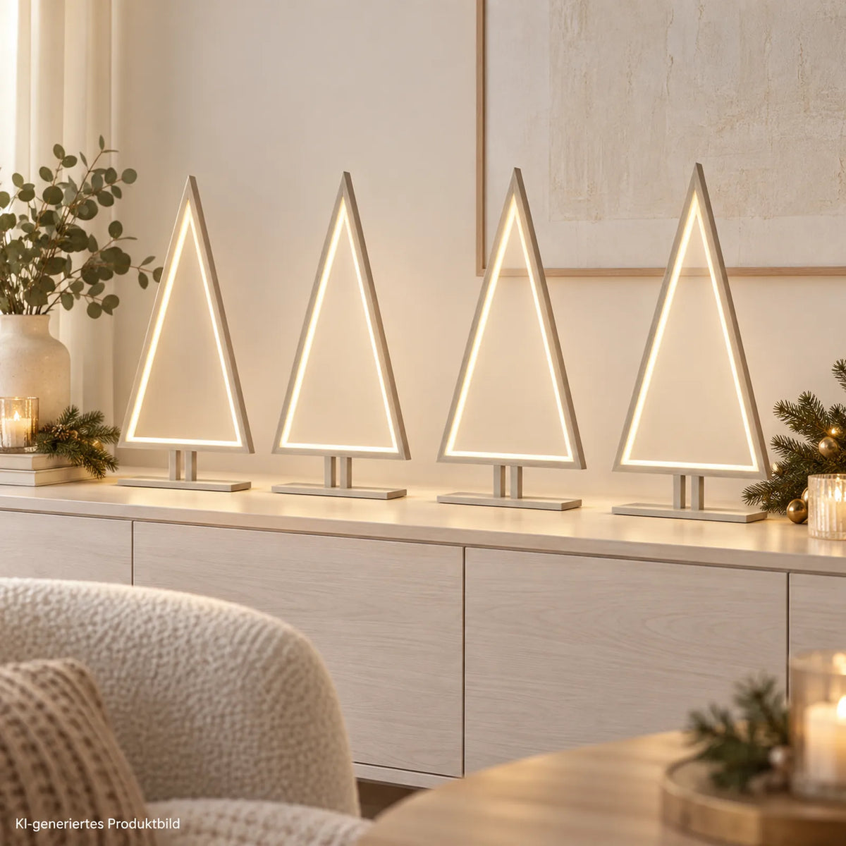 Vier Sompex Pine Wood LED Weihnachtsbäume aus weißem Bambusholz auf Sideboard, KI-generiertes Anwendungsbeispiel