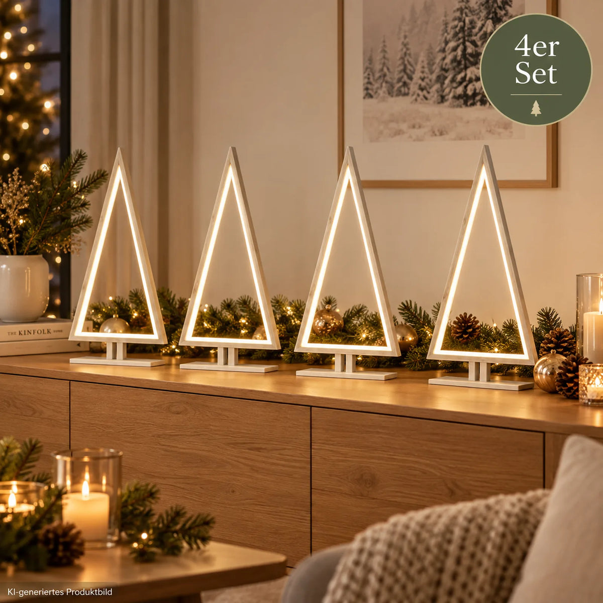Vier Sompex Pine Wood LED Weihnachtsbäume aus weißem Bambusholz auf Sideboard , KI-generiertes Anwendungsbeispiel
