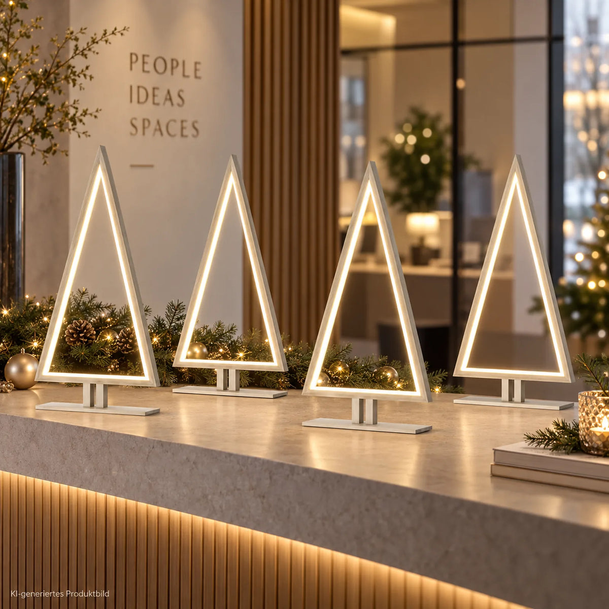 1. Sompex Pine Wood 4er Set LED Tannenbaum für Büro Empfang Gastronomie und Schaufenster, KI-generiertes Anwendungsbeispiel