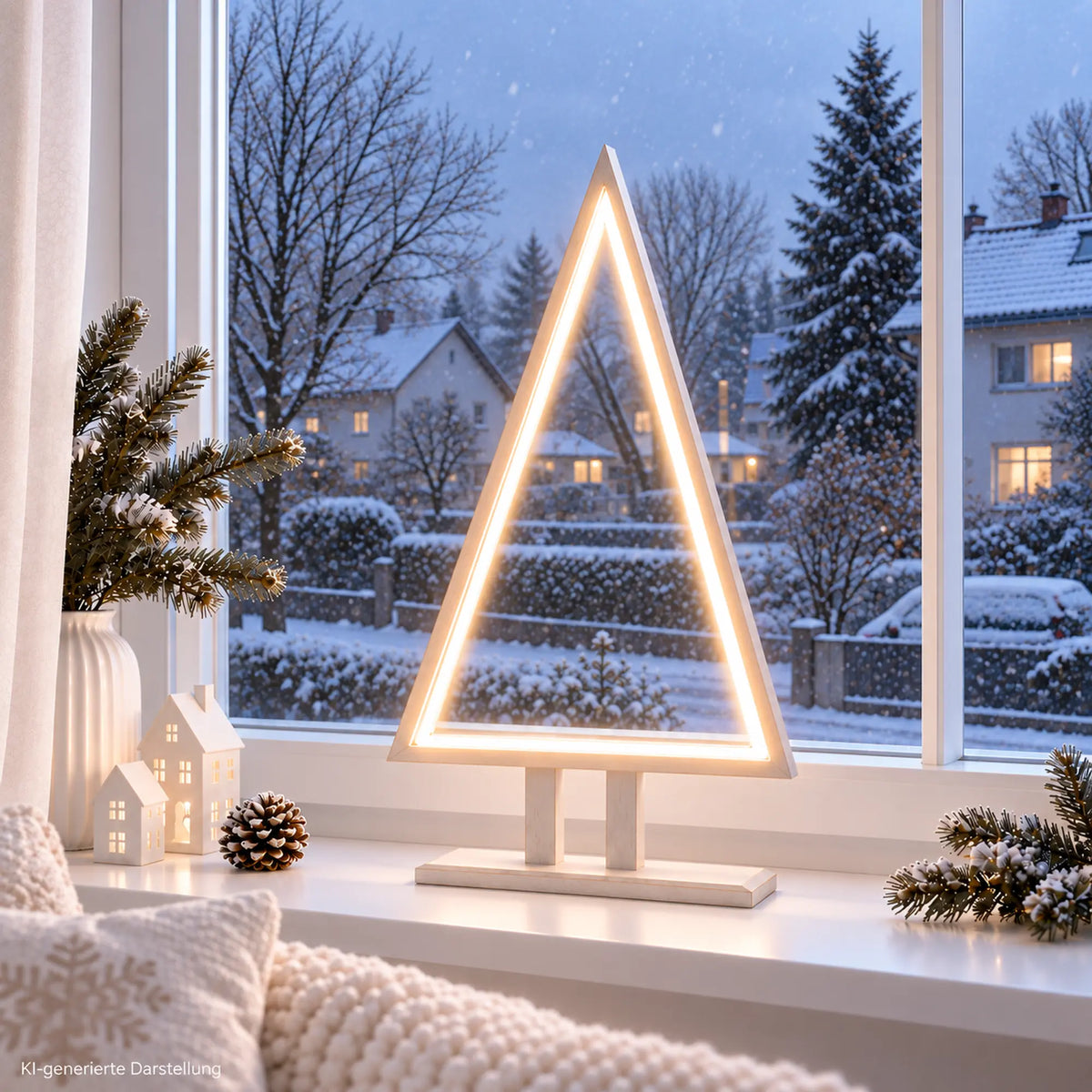 led tannenbaum silhouette aus holz aus fensterbank als fensterdeko zu weihnachten, KI-generiertes Anwendungsbeispiel