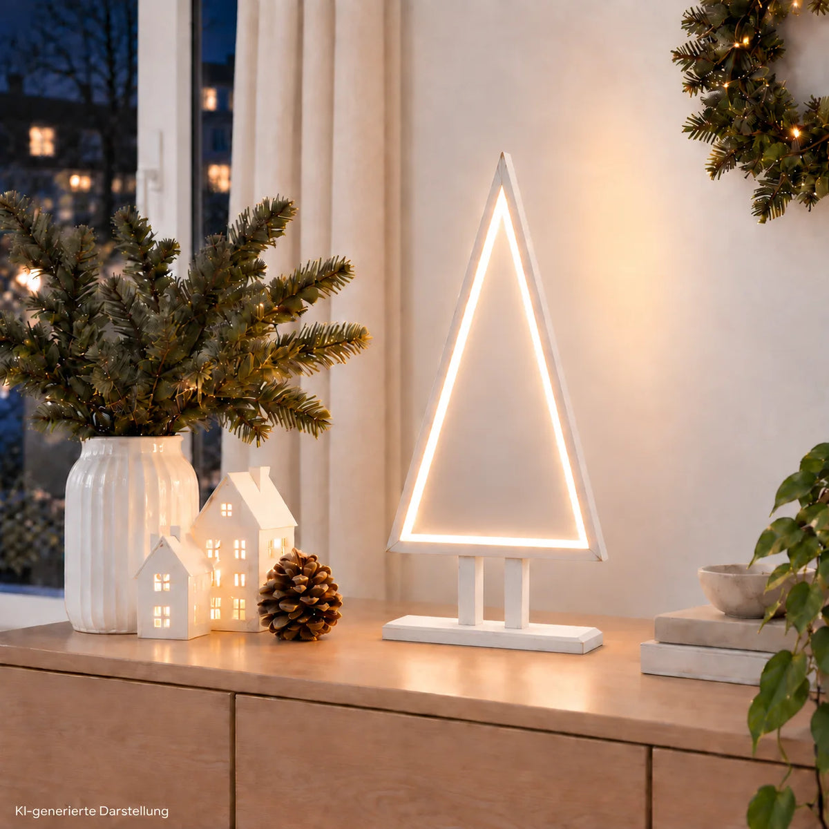 Weißer Sompex LED-Tannenbaum aus Holz im weihnachtlichen Wohnzimmer, KI-generiertes Anwendungsbeispiel
