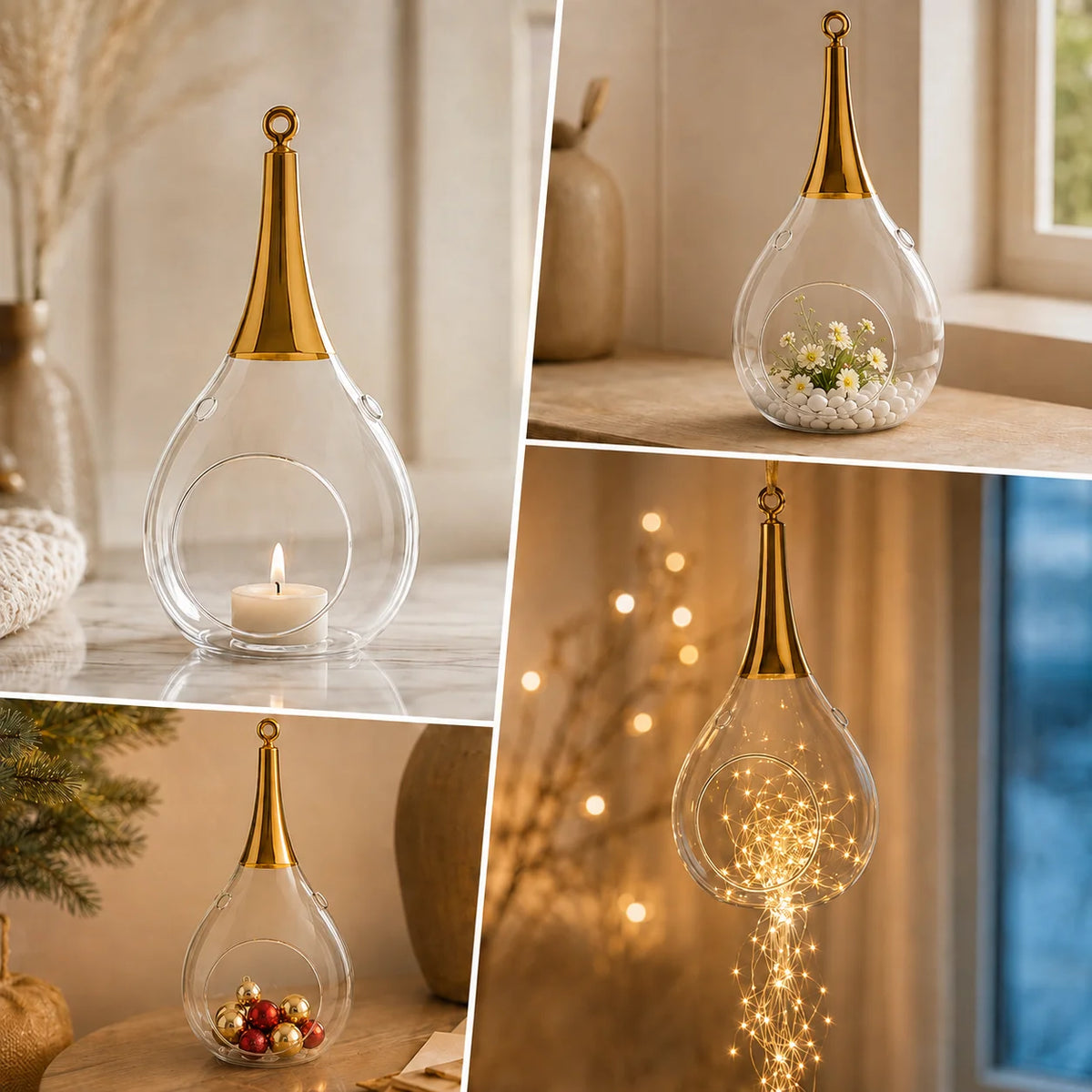 Sompex Taura Gold Windlicht mit Kerze, Frühlingsblumen, Weihnachtskugeln und Lichterkette als Dekorationsideen