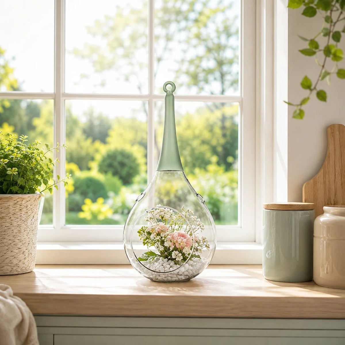 Sompex Taura Windlicht in Grün als dekorative Glasvase mit kleinen Blumen und weißen Steinen auf der Fensterbank in der Küche.