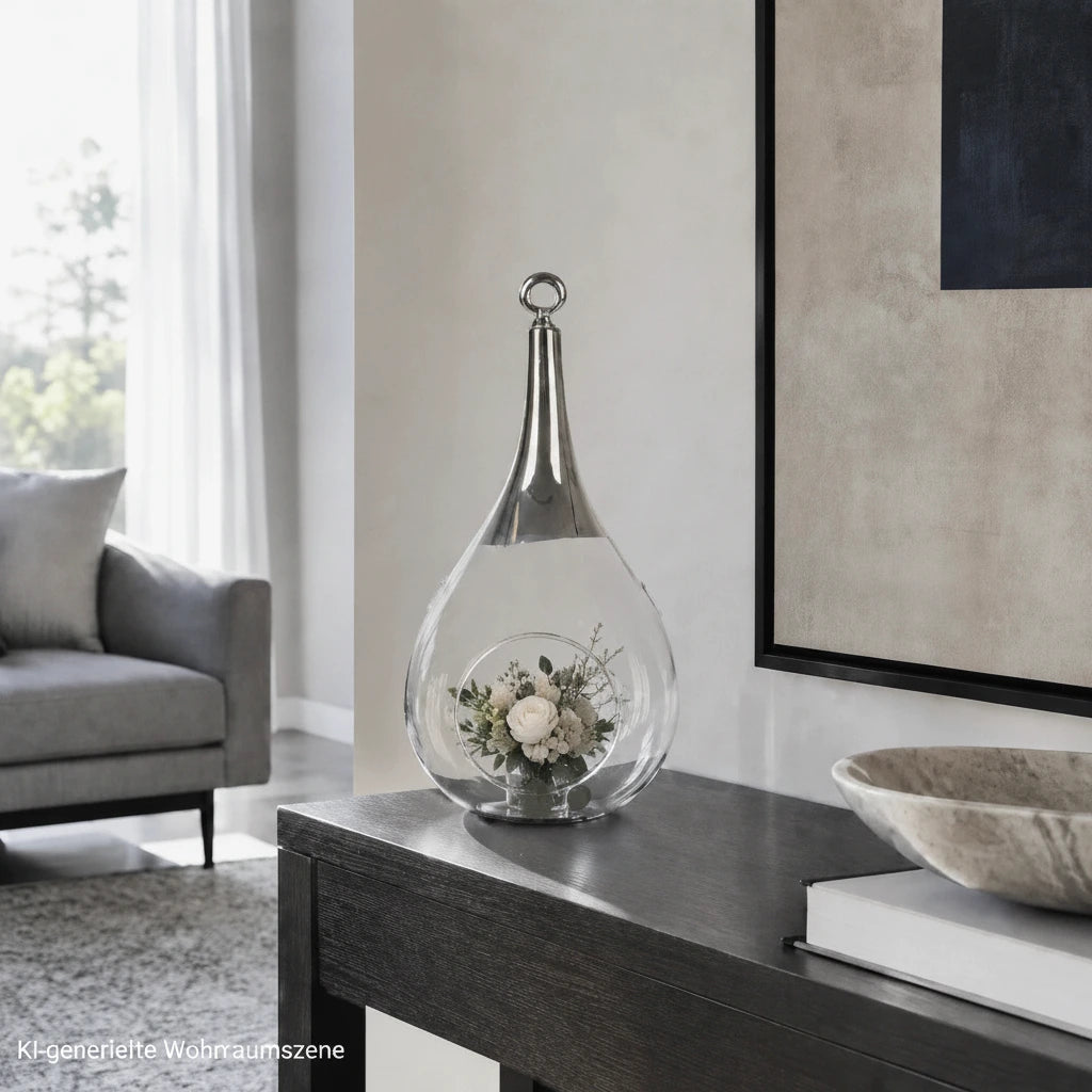 Sompex Taura Hängewindlicht aus Glas und Chrom mit kleinem Blumenarrangement auf einer schwarzen Konsole im Wohnzimmer