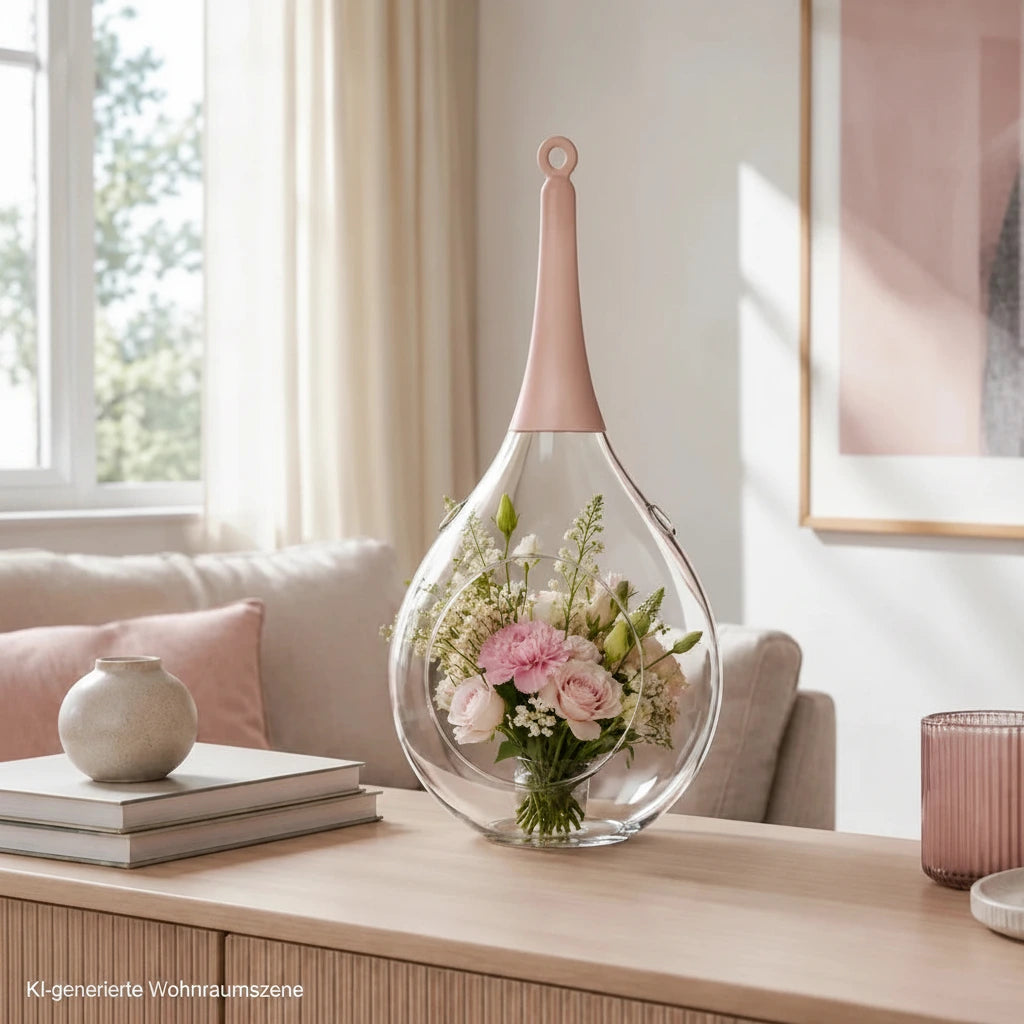 Sompex Taura Hängewindlicht aus Glas in Rosa mit Blumen dekoriert auf einer Kommode im hellen Wohnzimme