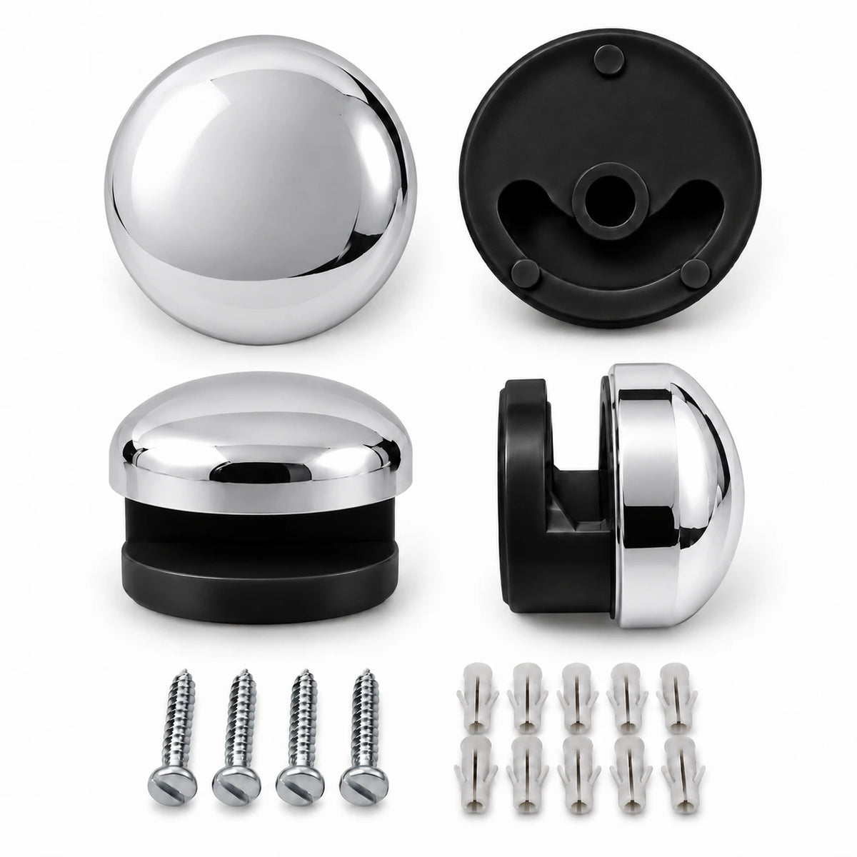 Runde Spiegelhalter Chrom glänzend im 4er-Set mit schwarzen Kunststoffhaltern, Schrauben und Dübeln für 4–6 mm Glas