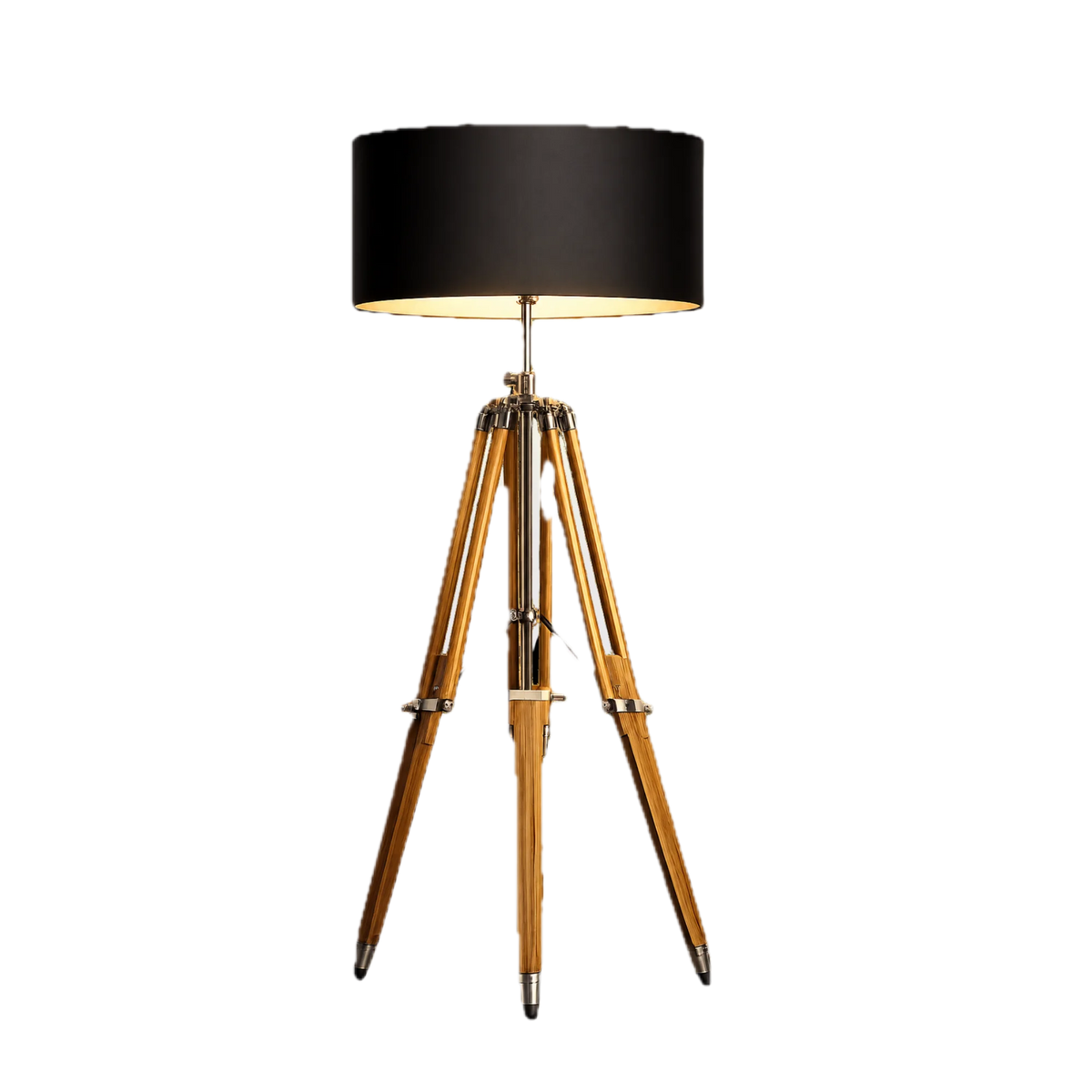 Moderne Stativ-Stehlampe mit schwarzem Stoffschirm und Holzgestell für Wohnzimmer, Schlafzimmer oder Leseecke.
