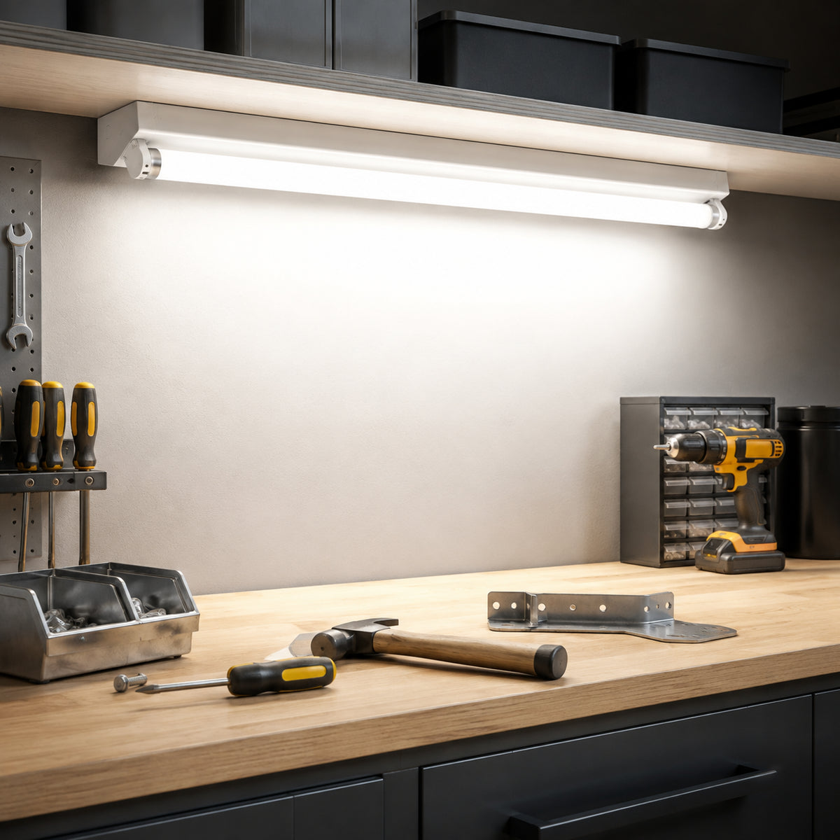 T8 Lichtleiste als helle Unterbauleuchte in der Werkstatt