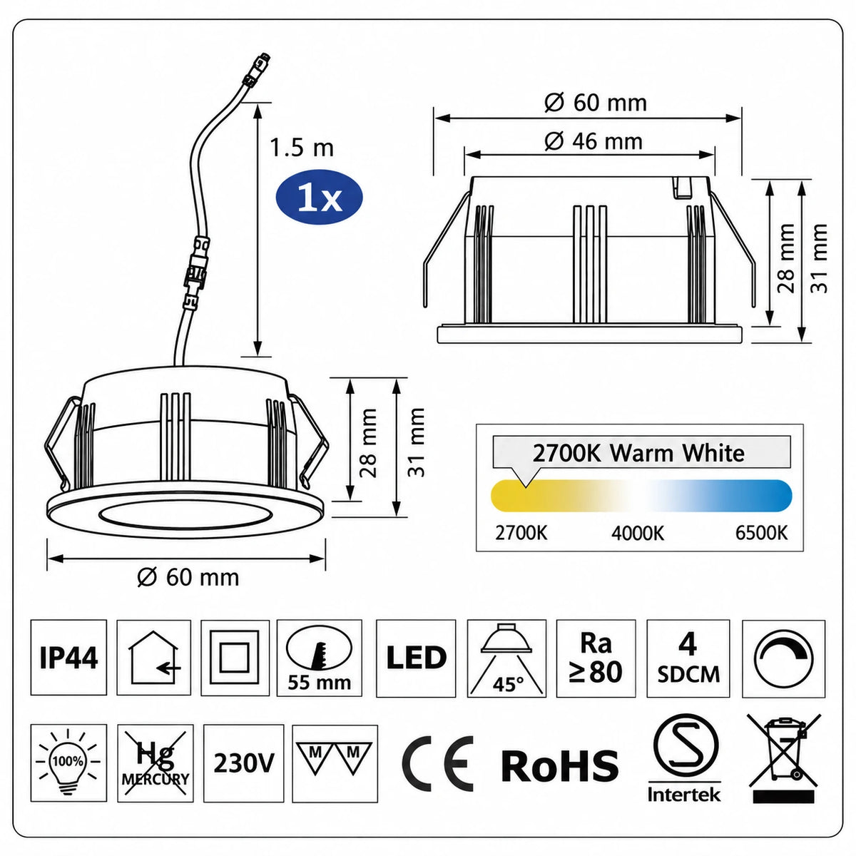 Malmbergs MD-31 LED Spot Maßzeichnung mit 60 mm Durchmesser, 55 mm Einbauöffnung, 31 mm Höhe und 2700K Warmweiß