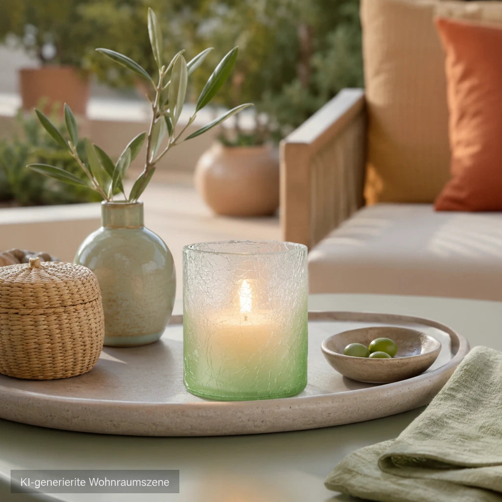 Grüner Sompex Teelichthalter aus Crush Glas mit leuchtender Kerze auf einem dekorierten Tablett auf der Boho-Terrasse