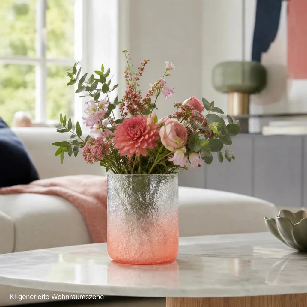 Pinker Crush Glas Teelichthalter von Sompex als Vase mit Blumenstrauß in modernem Wohnzimmer