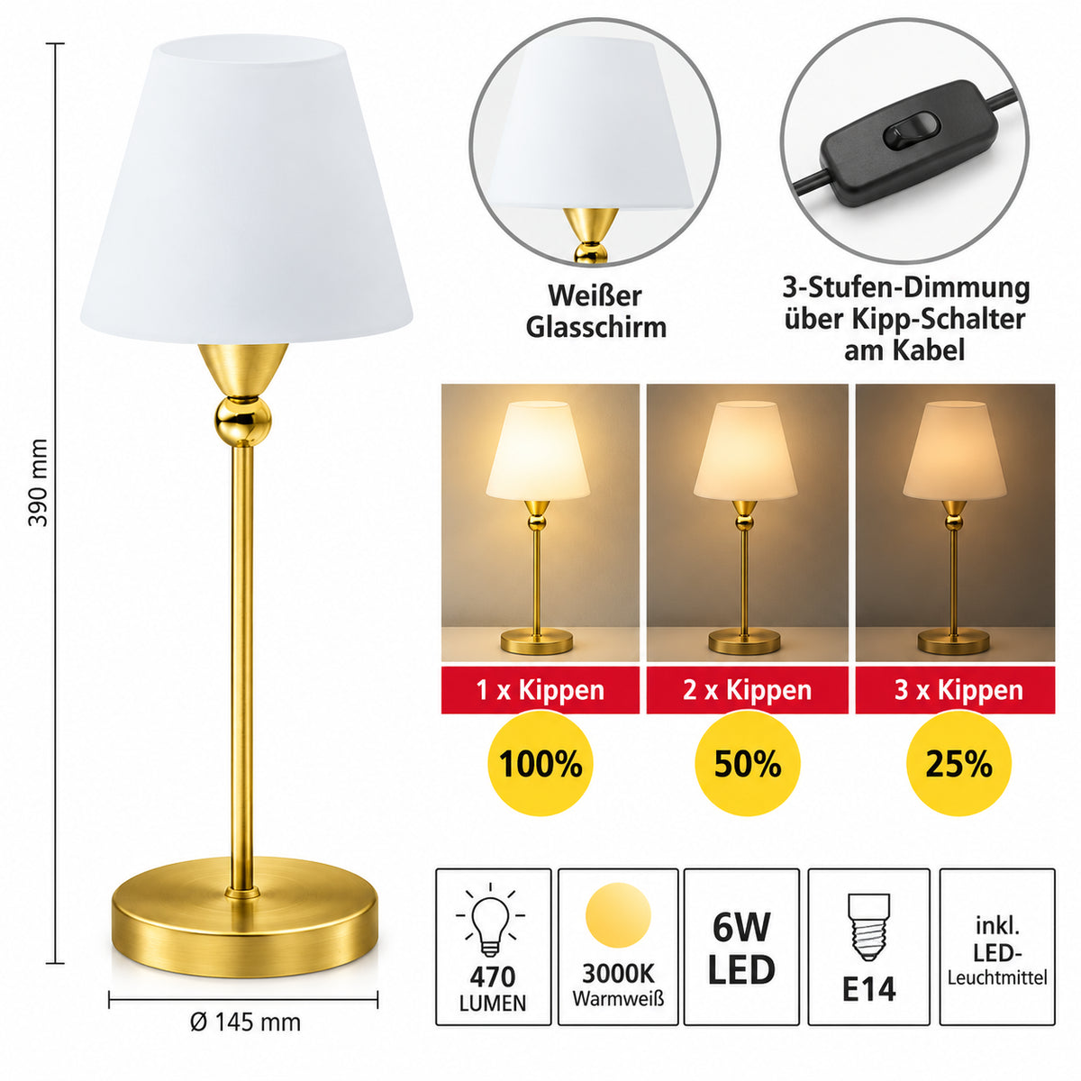 EGLO York LED Tischlampe Gold mit Click-Dim über Kabelschalter, 3 Helligkeitsstufen 100, 50 und 25 Prozent