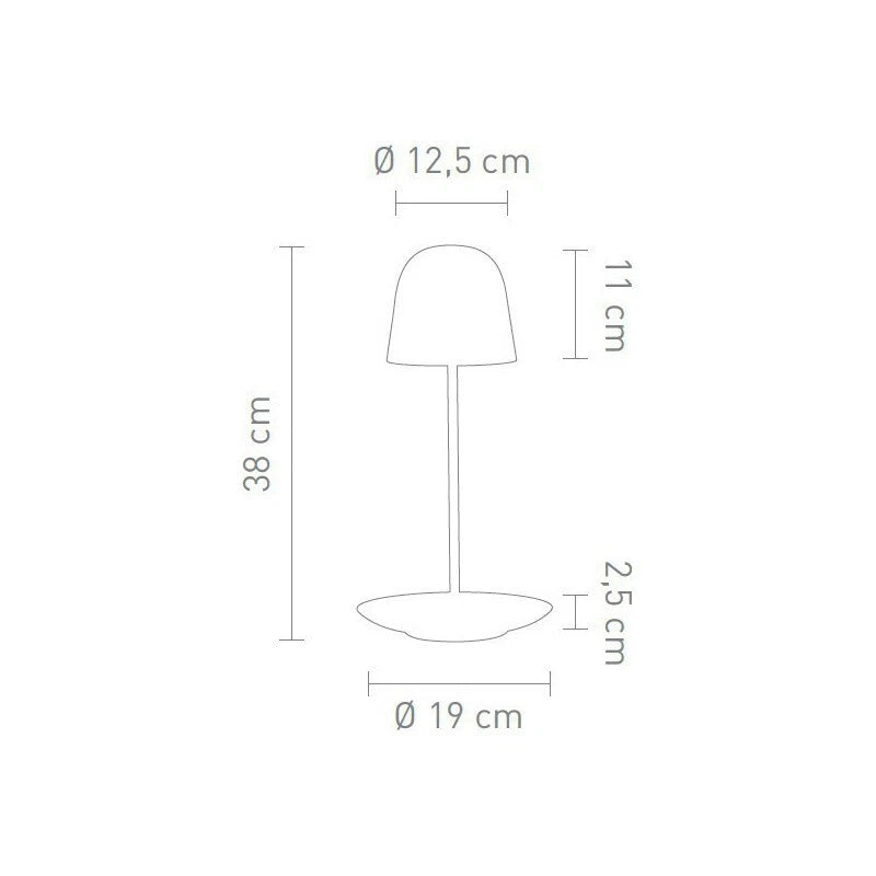 maßzeichnung piral sompex led tischlampe mit ablageschale 38cm hoch, 19cm breit, schirm 12,5cm breit und 11cm hoch