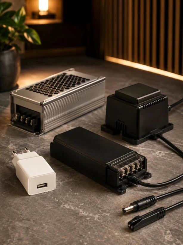 Trafos, Netzteile, LED-Konverter und USB-Steckernetzteil in moderner Technik-Szene mit warmer Lichtstimmung.