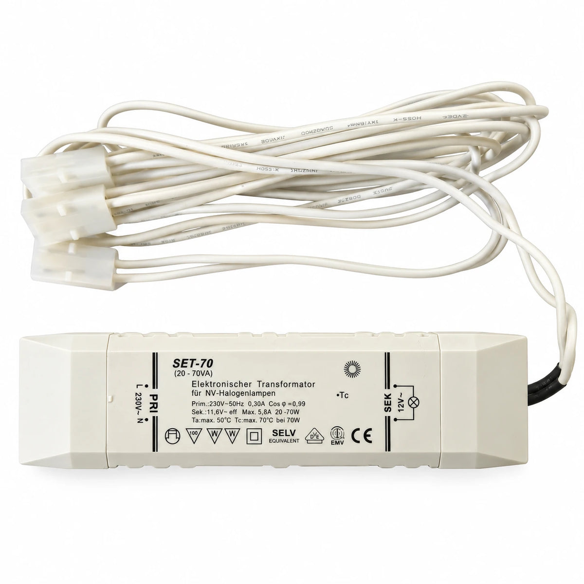 halogen transformator set-70 20-70mA für niedervolt halogenlampen dimmbar mit kabelbaum zu 3er set venus 80 gold