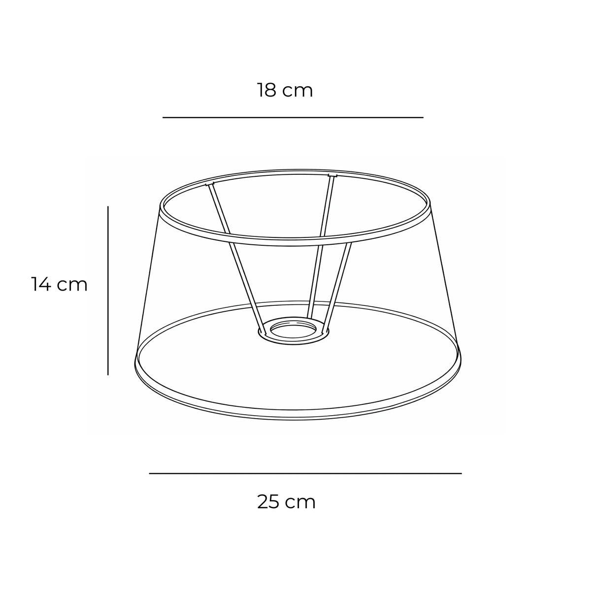 Various Lampenschirm Balken rund braun/creme aus Textil, Artikelnummer 280108, technische Maßzeichnung mit 18 cm oben, 25 cm unten und 14 cm Höhe
