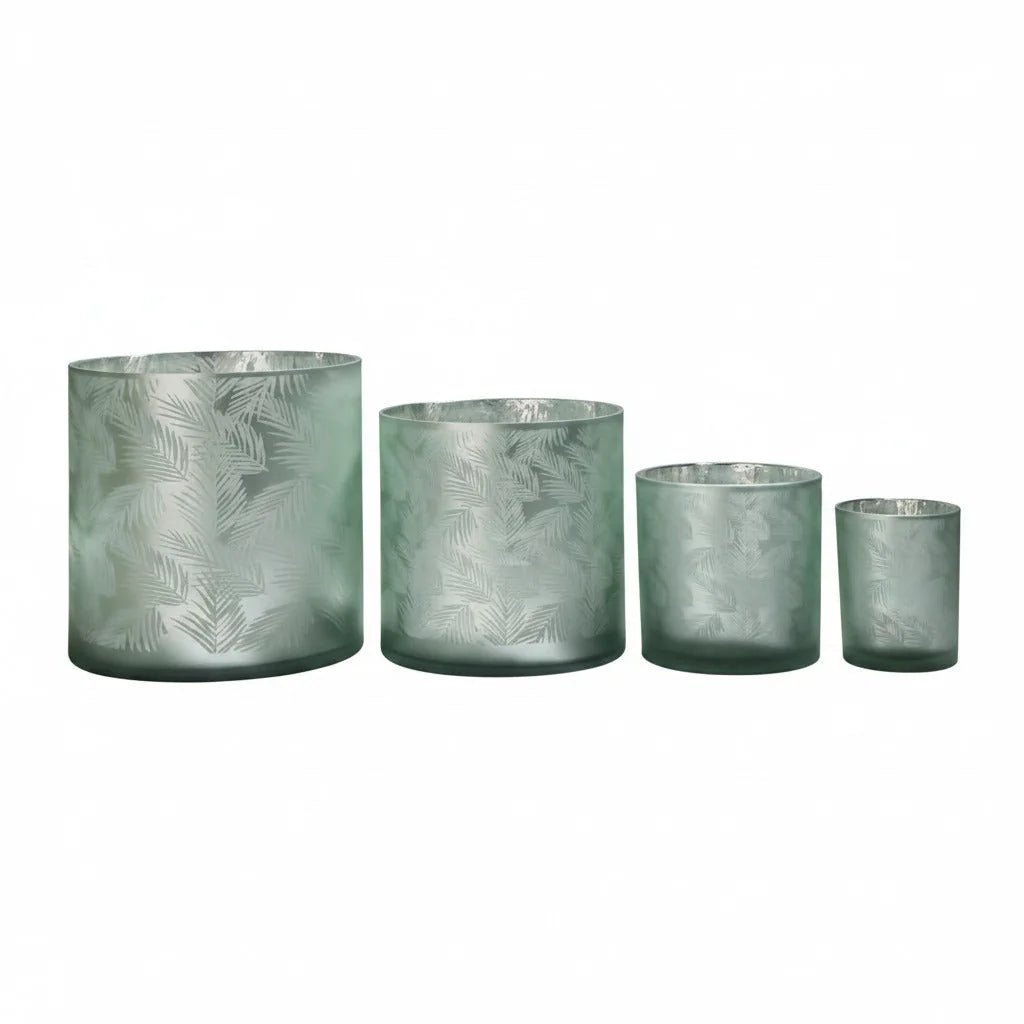 Windlicht Vase aus Glas grün silber mit Blattmuster 15cm