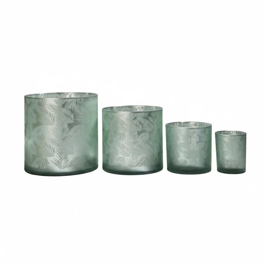 Vase Übertopf aus Glas grün silber mit Blattmuster 20cm
