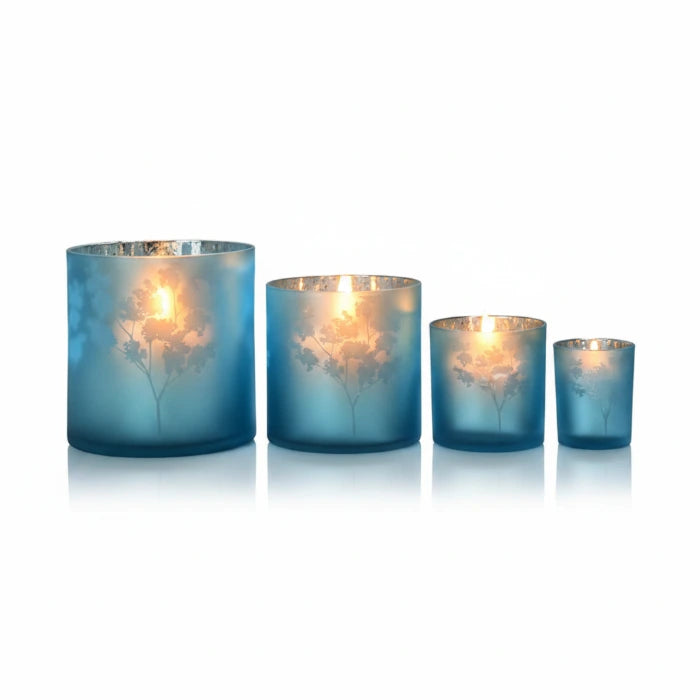 Windlicht Vase aus Glas blau silber mit Blumen 10cm