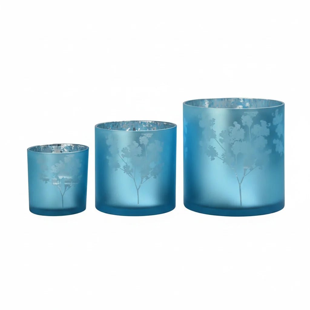 Windlicht Vase aus Glas blau silber mit Blumenmuster 15cm