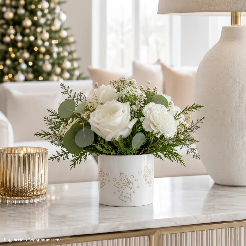 Weißer Sompex Porzellan-Teelichthalter mit Golddekor und Blumen in einem modernen weihnachtlichen Wohnzimmer