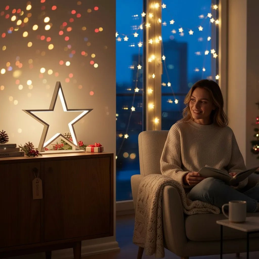 Sompex LED-Stern als Winter- und Weihnachtsdeko im Wohnzimmer.