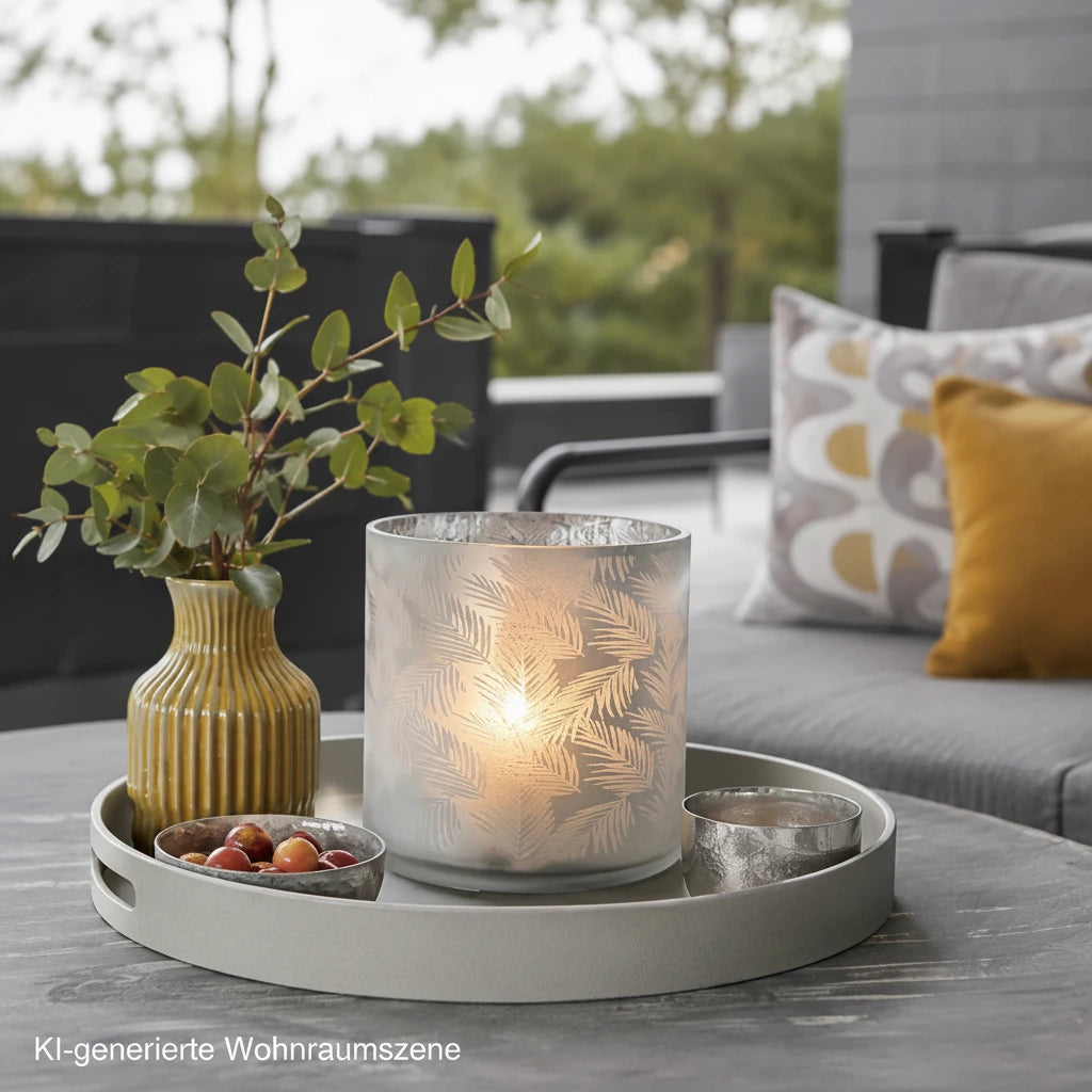 Windlicht aus hellgrau-weißem Glas mit Farnmuster und leuchtender Kerze auf einem Dekotablett auf der Terrasse