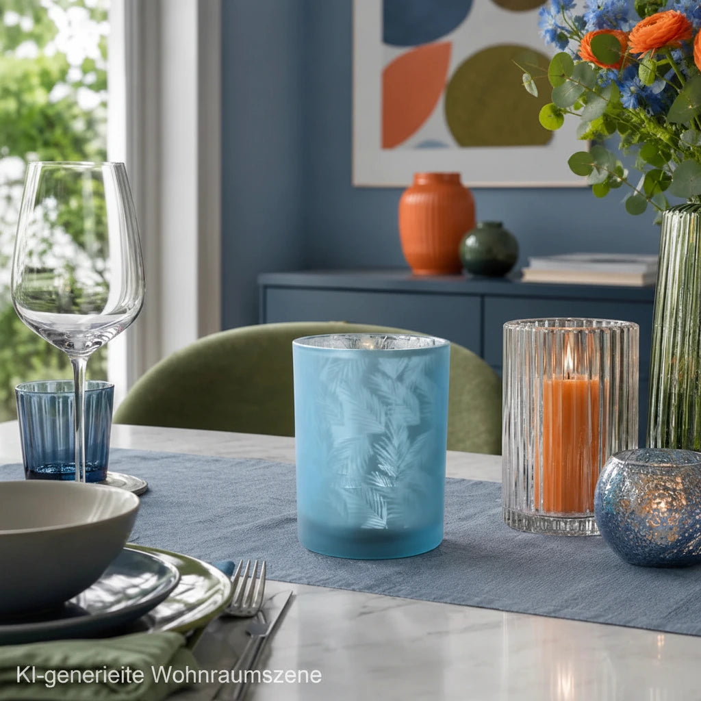 Blau-Silber Glasvase mit Farnmuster auf modern gedecktem Esstisch mit blauer, orangener und olivgrüner Dekoration