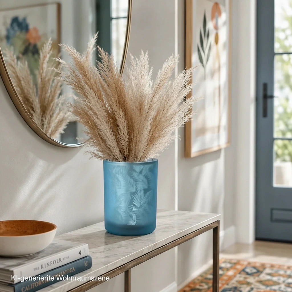 Blau-Silber Windlicht Vase mit Pampasgras auf einer Konsole im modernen Flur mit farblich abgestimmter Dekoration