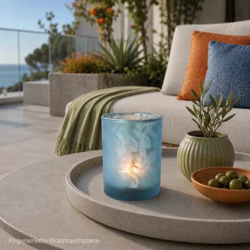 Blau-Silber Windlicht aus Glas mit leuchtender Kerze auf einem Tablett auf moderner Terrasse mit blauen, orangenen und olivgrünen Akzenten