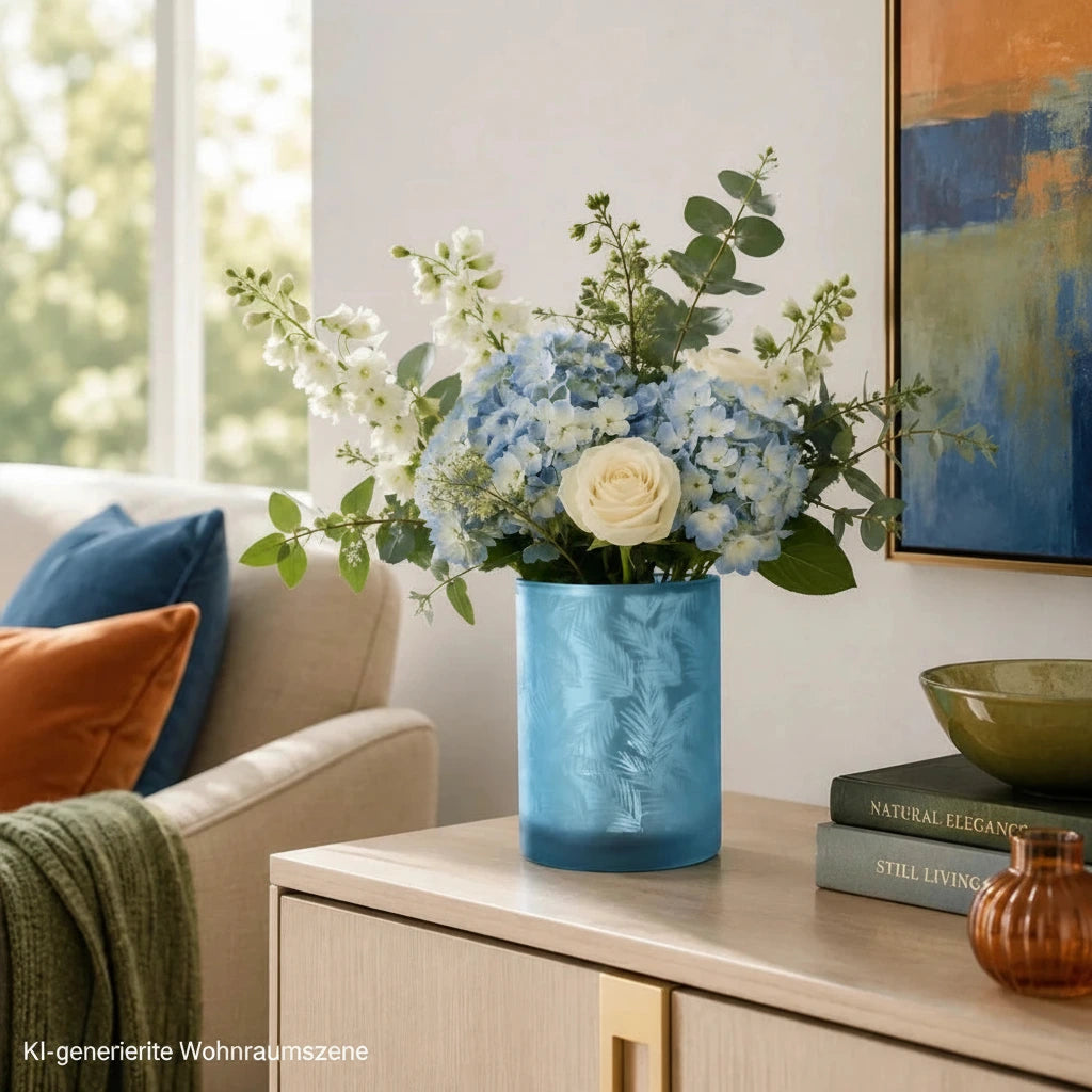 Blau-Silber Windlicht Vase mit Blumenstrauß auf einem Sideboard im modernen Wohnzimmer mit blauen, orangenen und olivgrünen Akzenten