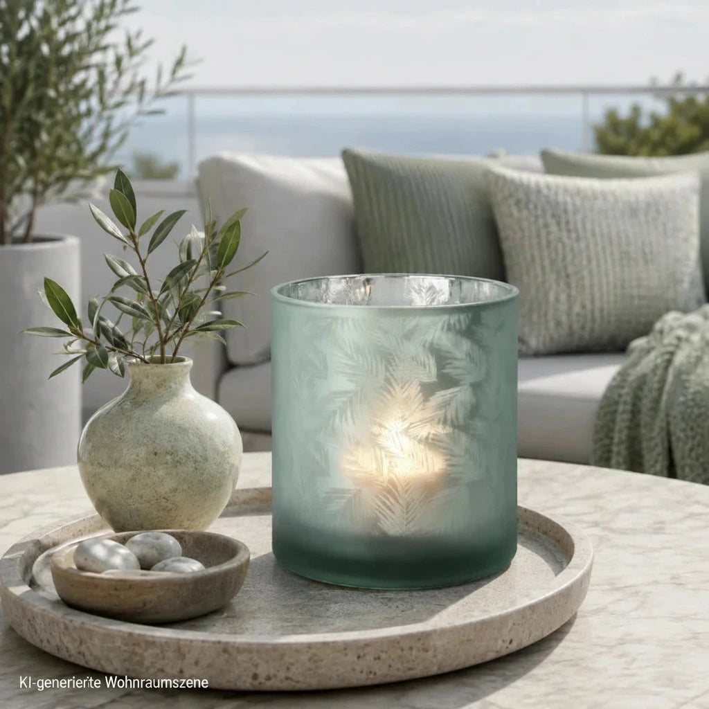 Grün-silberne Glasvase als modernes Windlicht und dekoratives Wohnaccessoire in Terasse