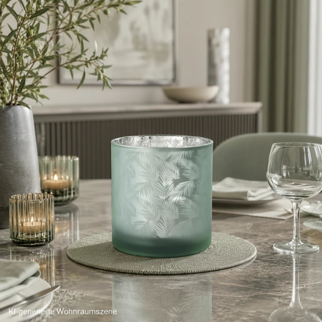 Windlicht Vase aus grün-silbernem Glas dekorativ auf einem modernen Esszimmertisch