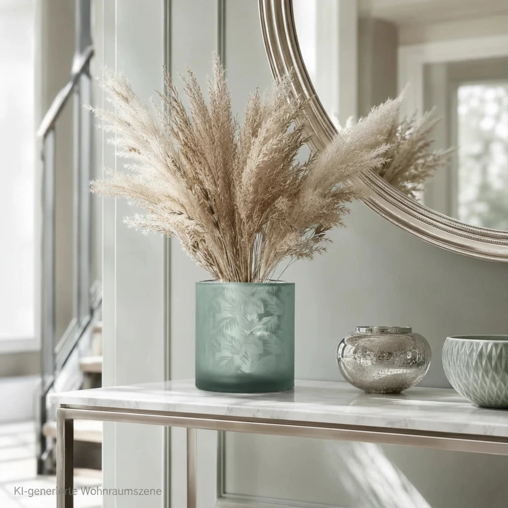 Dekorative Windlicht Vase aus Glas in Grün-Silber in einem stilvoll eingerichteten Wohnraum